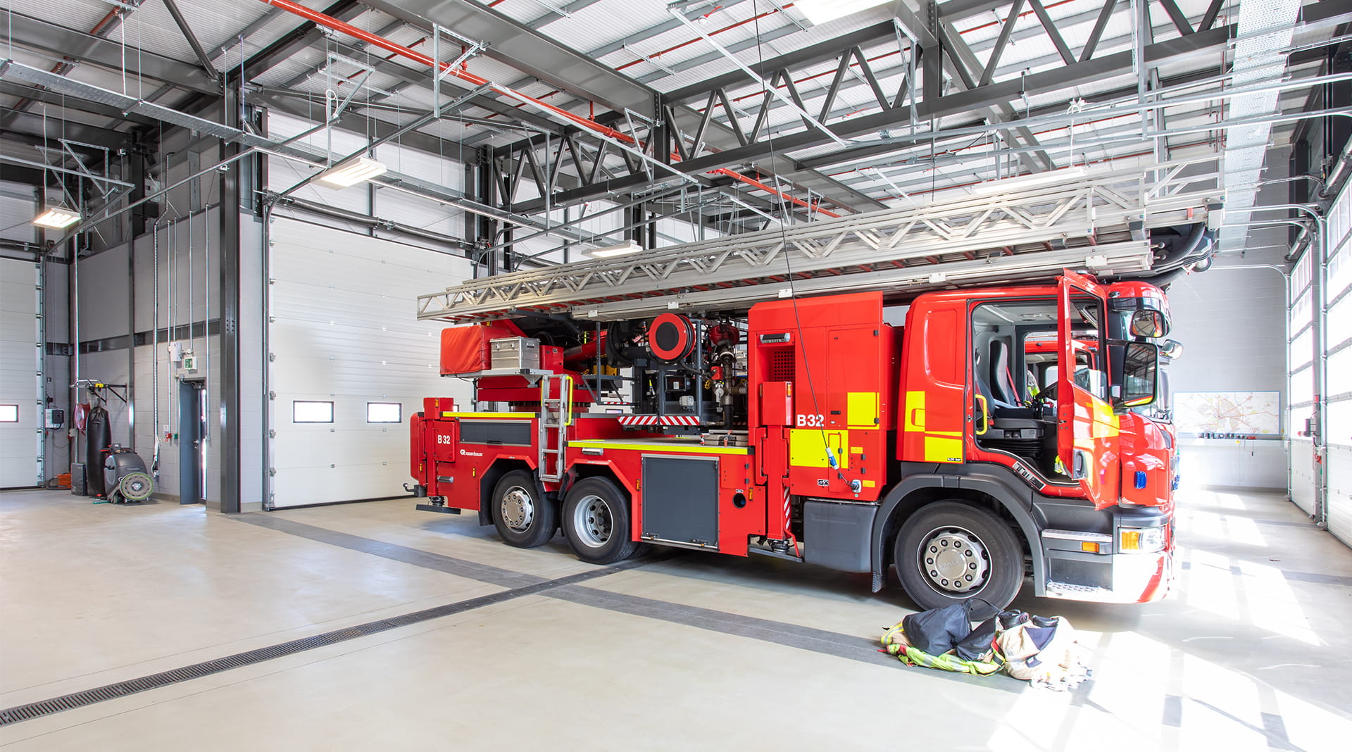 Chester fire and rescue service fire engine in new garage