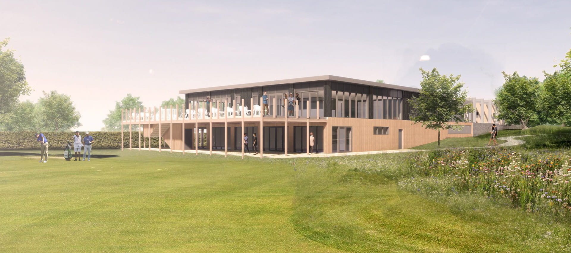 Architect's image of a leisure centre with lawn ISG Ltd