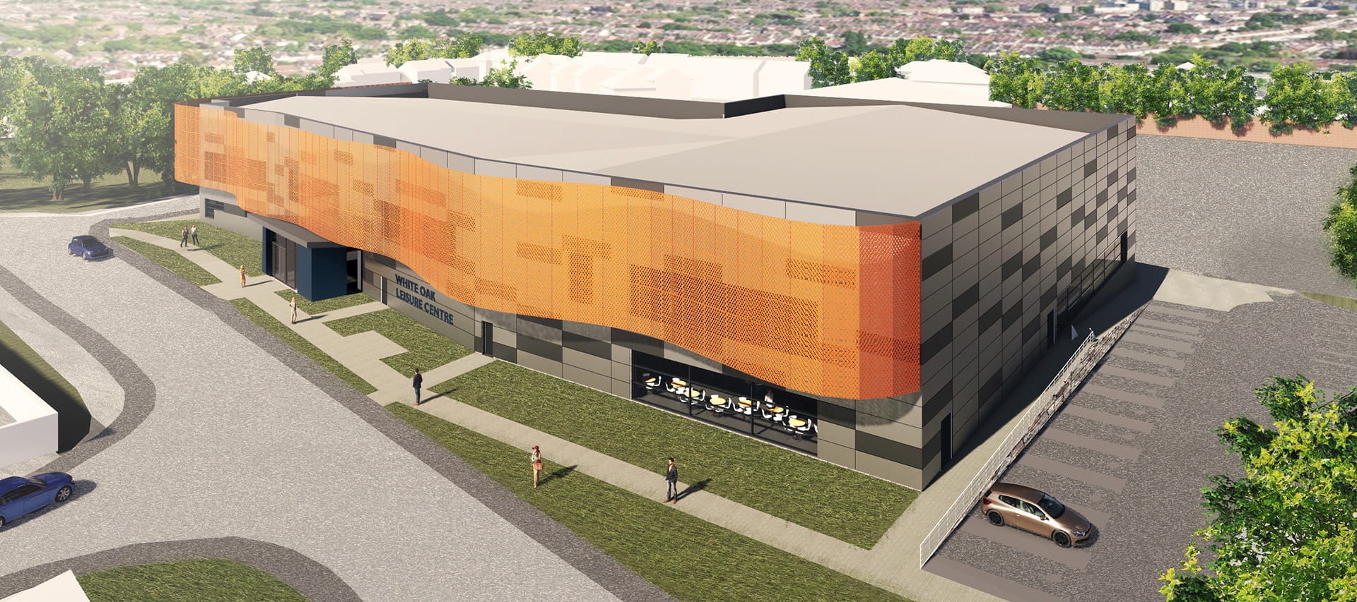 Architect's image of a leisure centre with lawn ISG Ltd