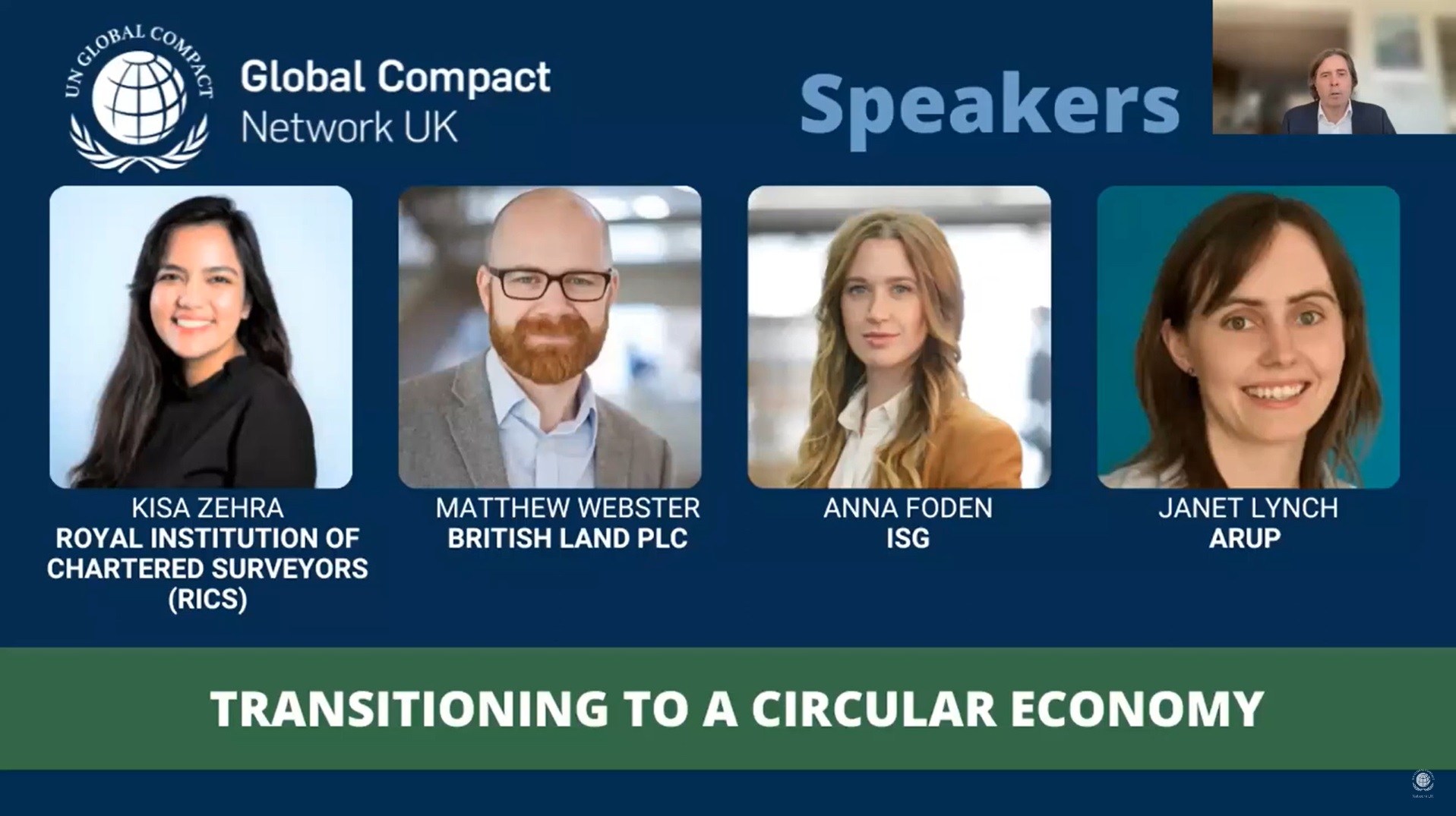 Slide displaying list of speakers at UN Global Compact Circular Economy Webinar including ISG Anna Foden