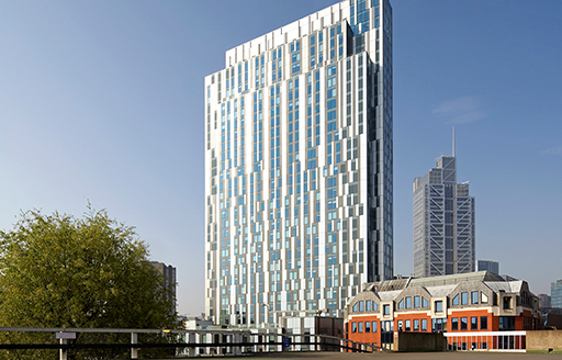 Exterior showing Europe’s tallest student accommodation skyscrapper Nido Spitalfields