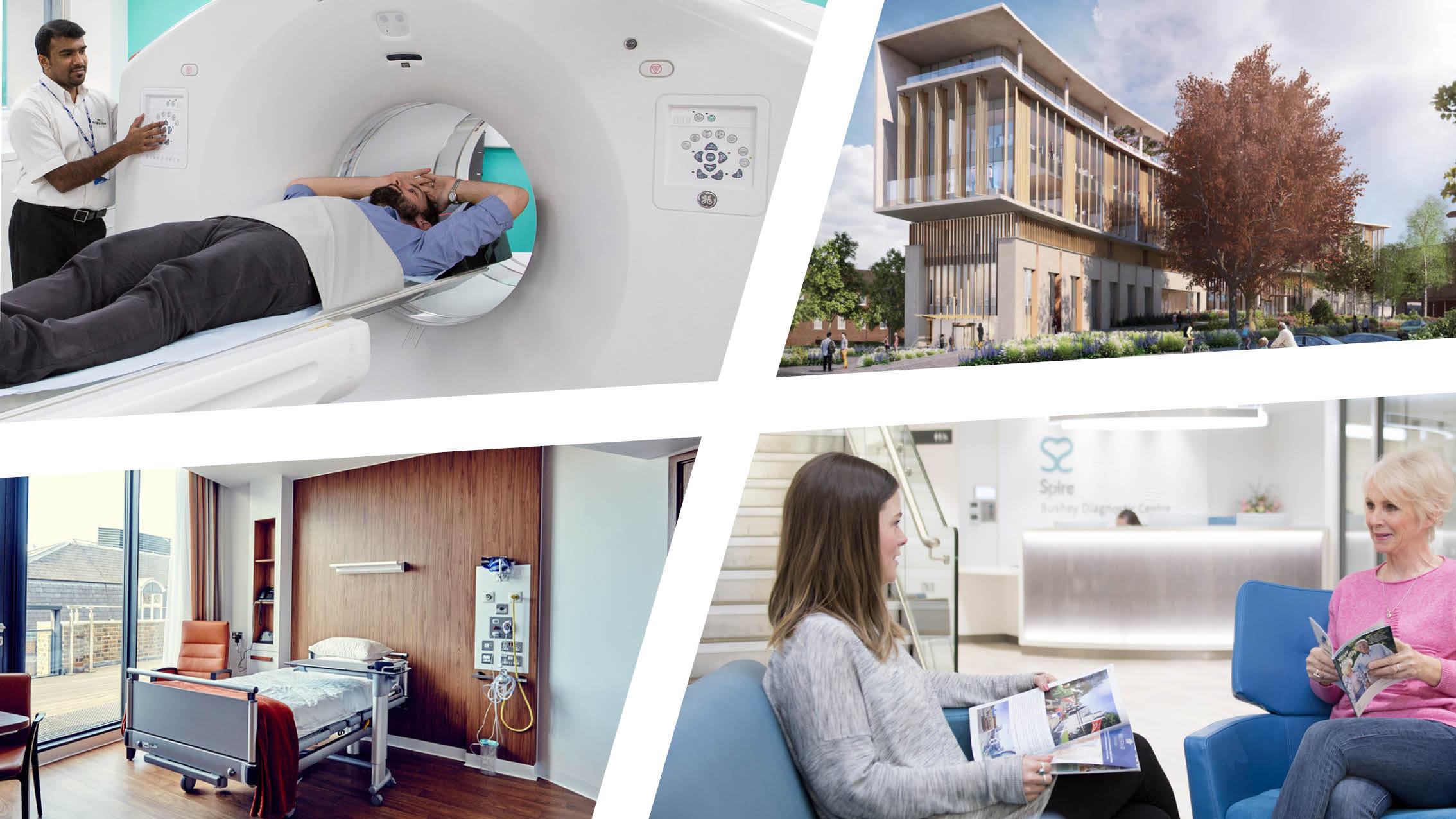 Montage of Health images MRI, private hopsital room, a reception area and building exterior 