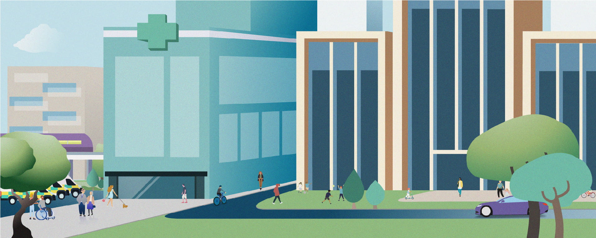 Graphic of office and hospital buildings with nature