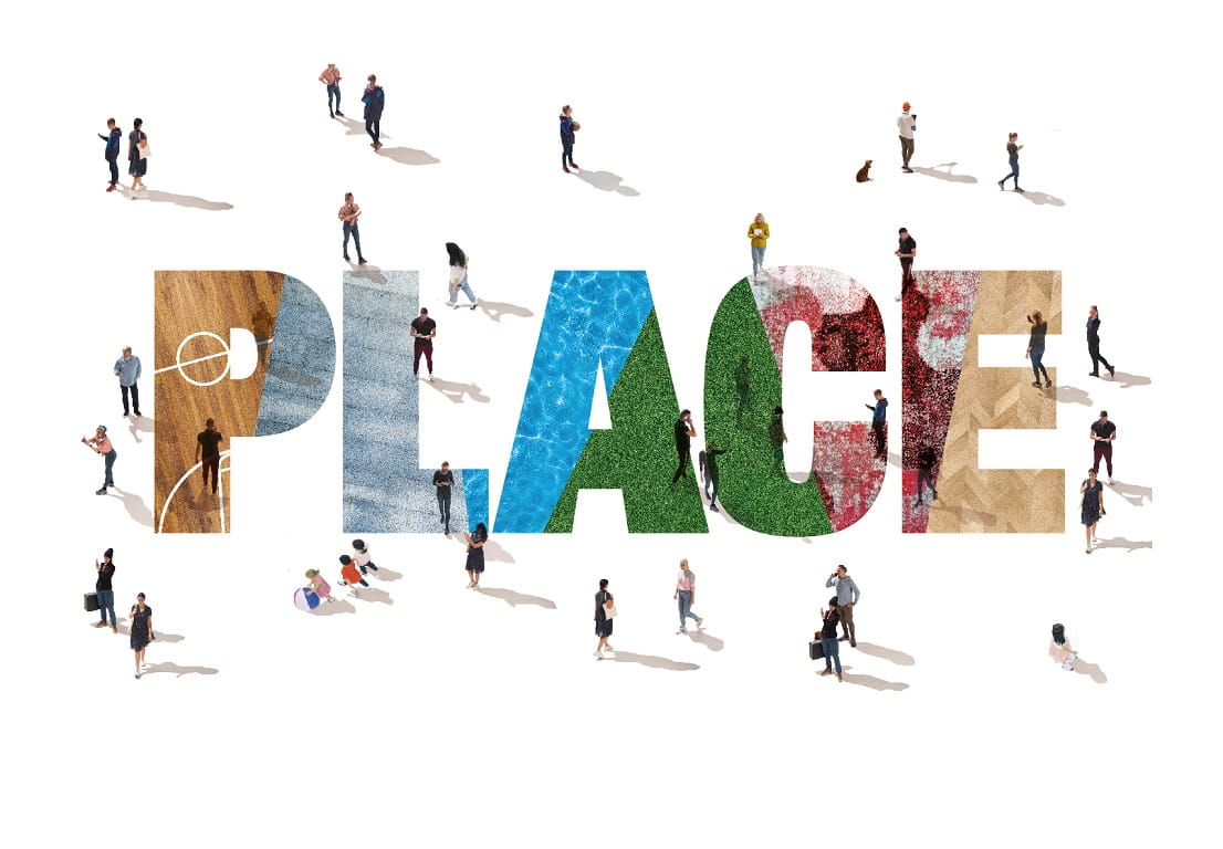 Graphic supporting ISG's Power of Place campaign, with large colourful text surrounded by small people