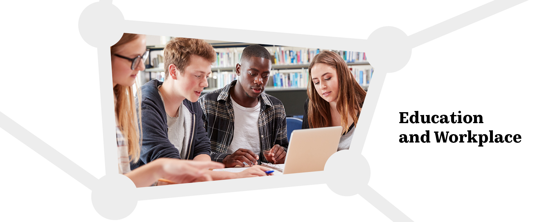 Angled photo of young people crowded round a laptop with caption 'Education and Workplace'