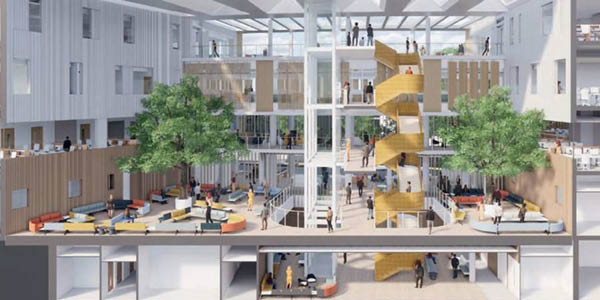 A spacious full height atrium floods the building with natural light