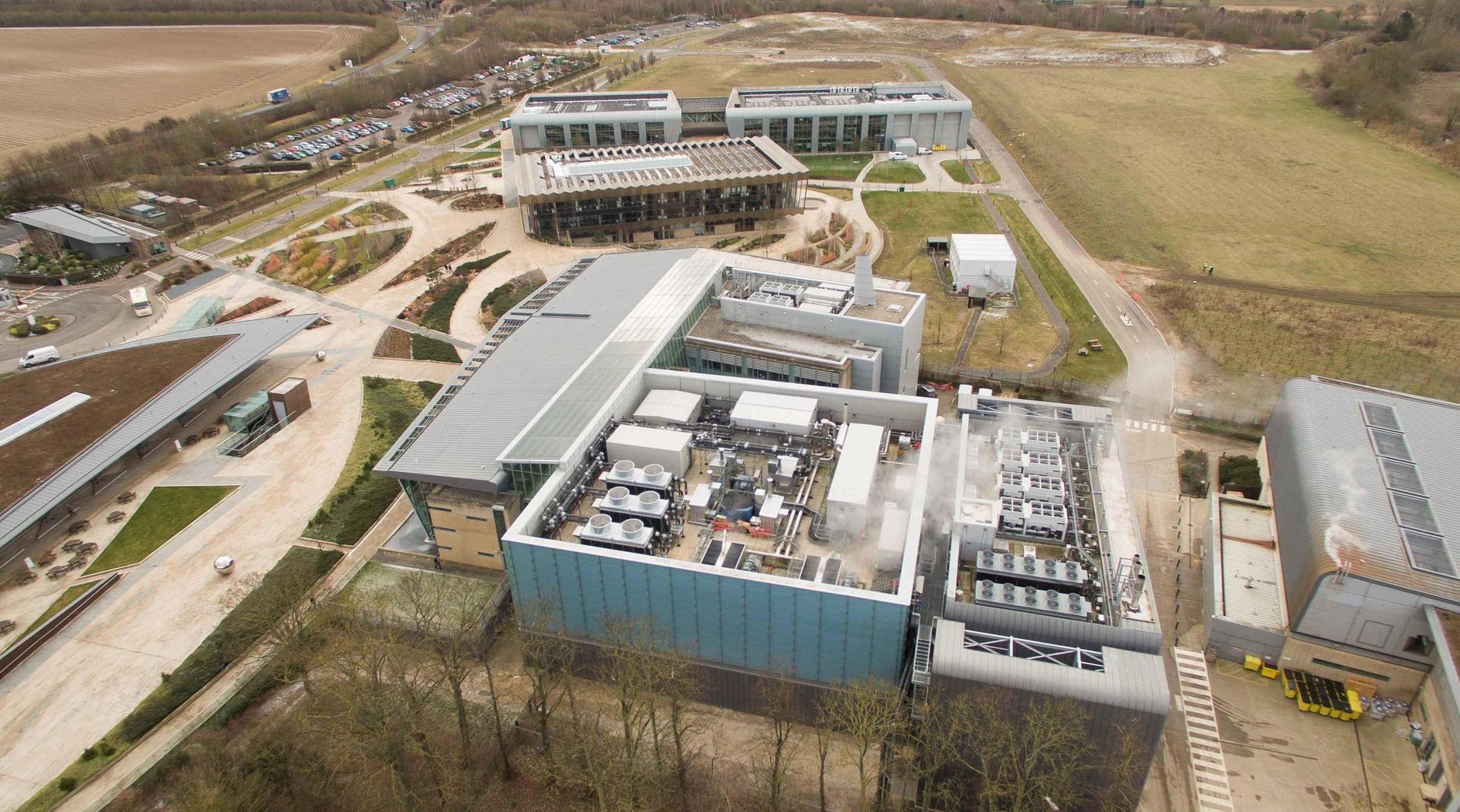 Aerial view of Wellcome Genome Campus datacentre construction by ISG