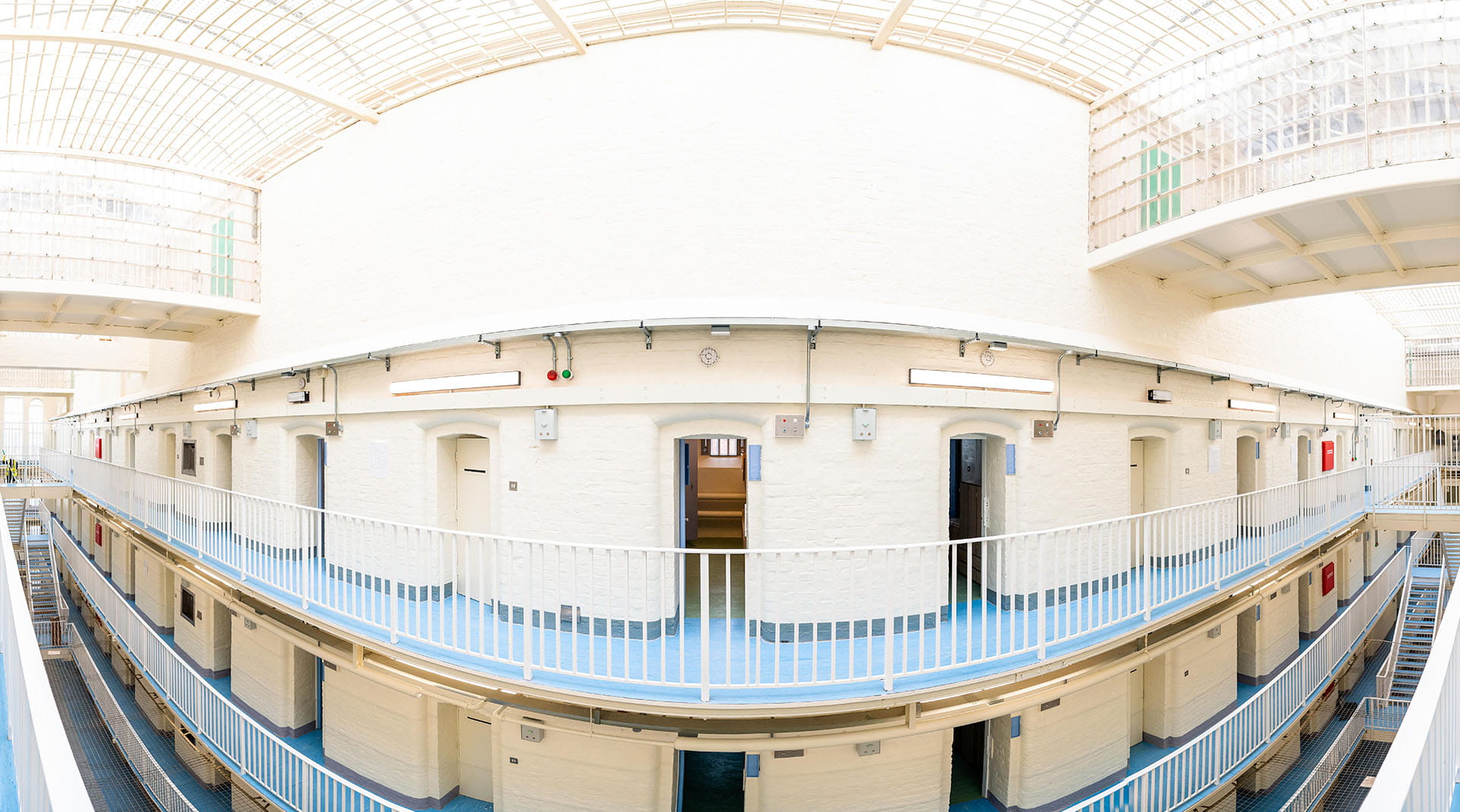 Panoramic view of inner atrium at HMP liverpool prison wing B refurbished by ISG