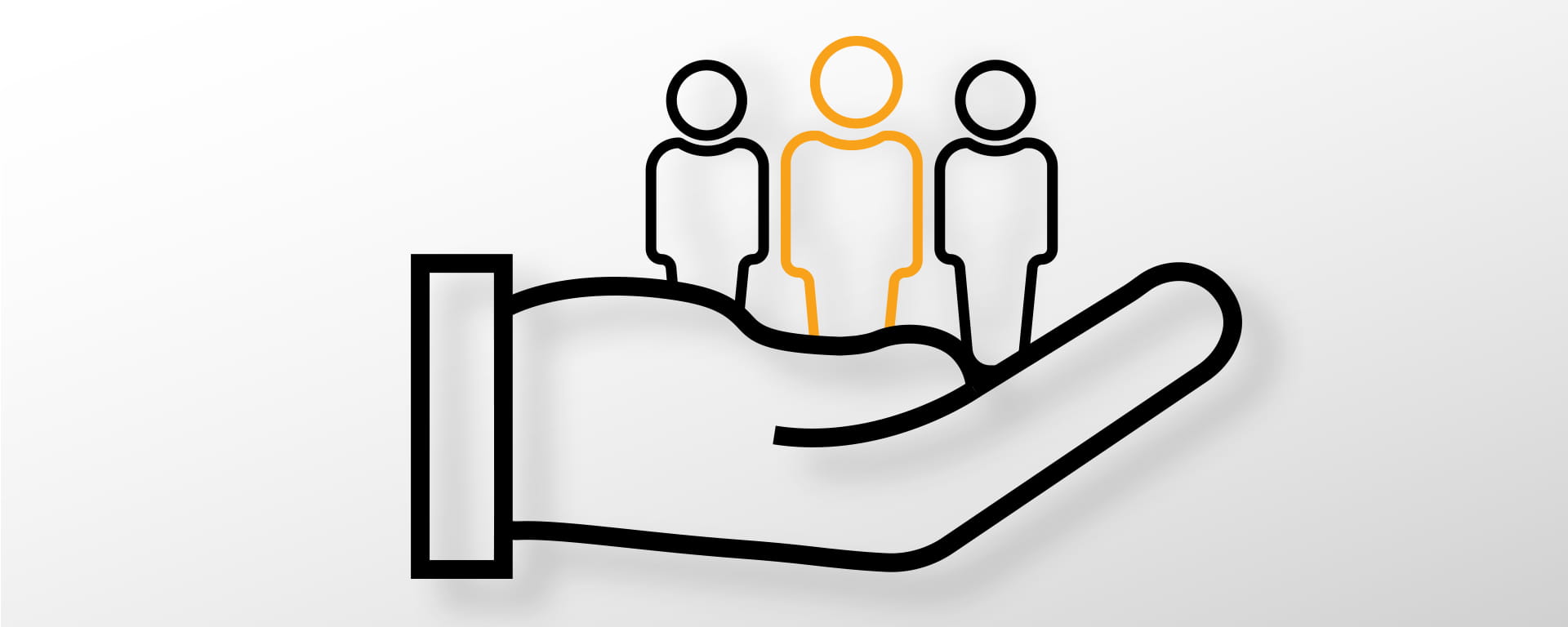 Social value graphic: a digital line drawing of a hand holding three people, in orange and black