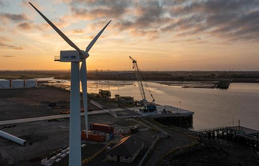 Wind Turbine at sunset looking out over Cambois Blyth Northumberland Gigafactory site
