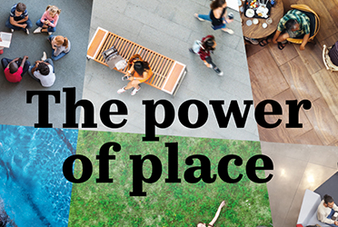 Infographic introducing ISG's Power of Place campaign with photos of workplaces