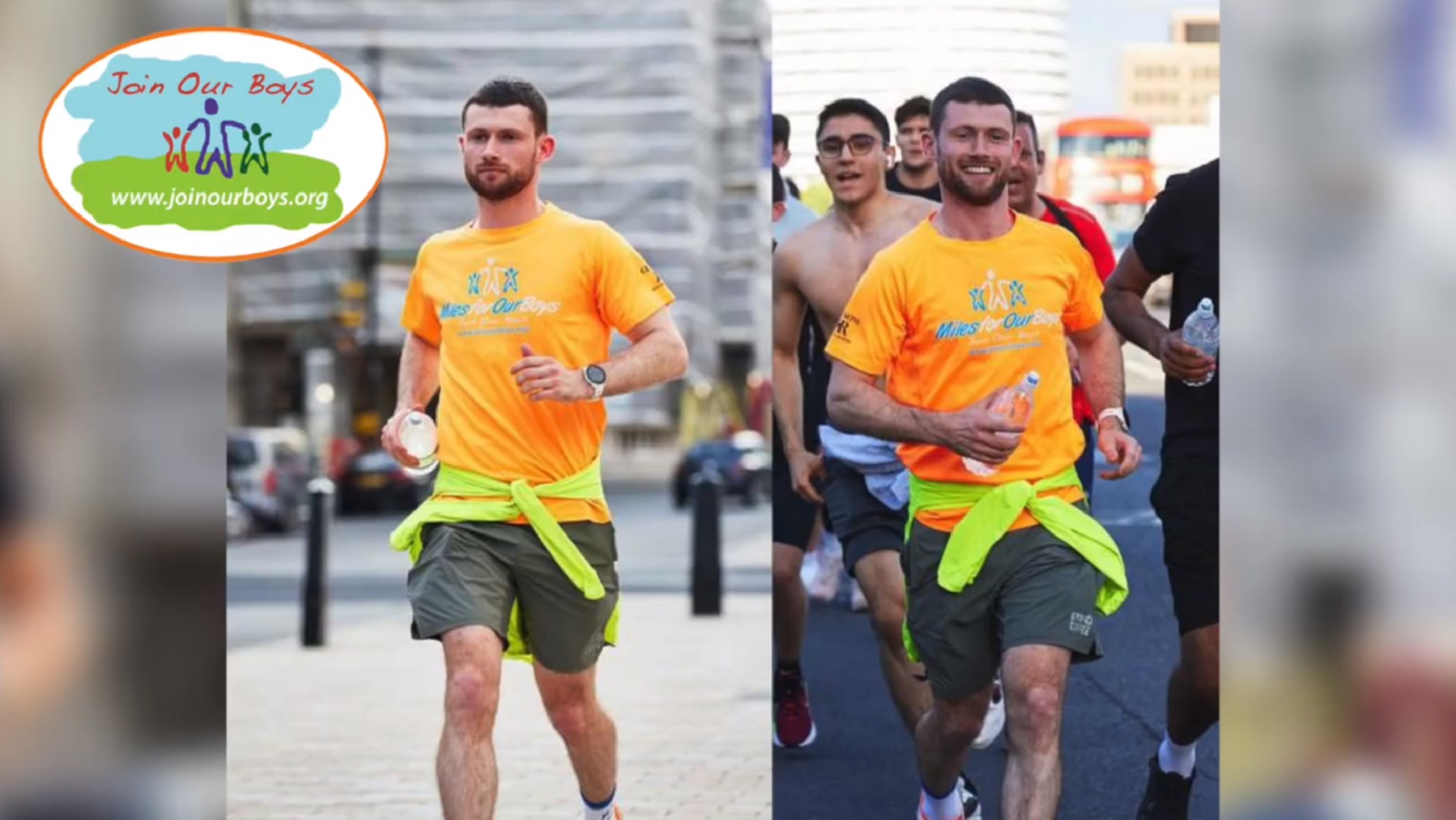 two photographs of a man running in a bright orange charity t shirt