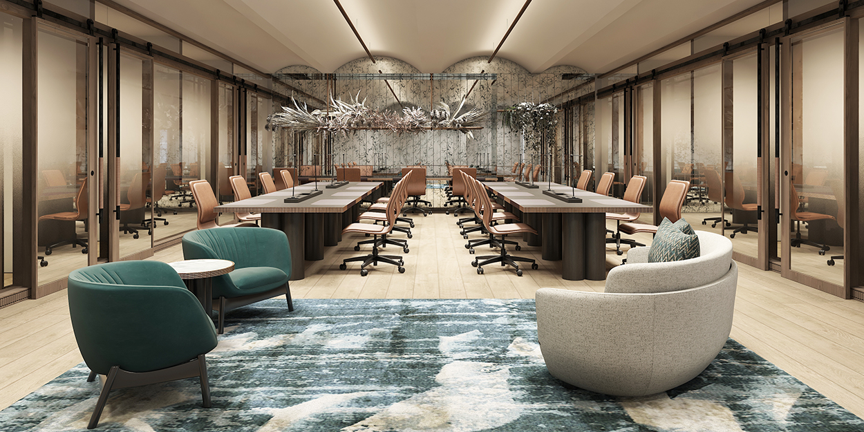 Long boardoom tables in meeting room at The Great Room Afro Asia Singapore fit out by ISG