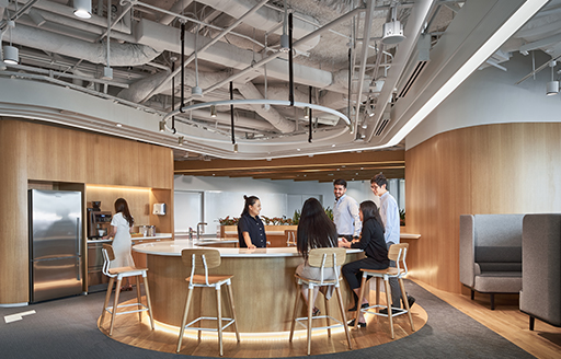 Café area with breakfast bar and stools at office of American Healthcare Giant fit out by ISG