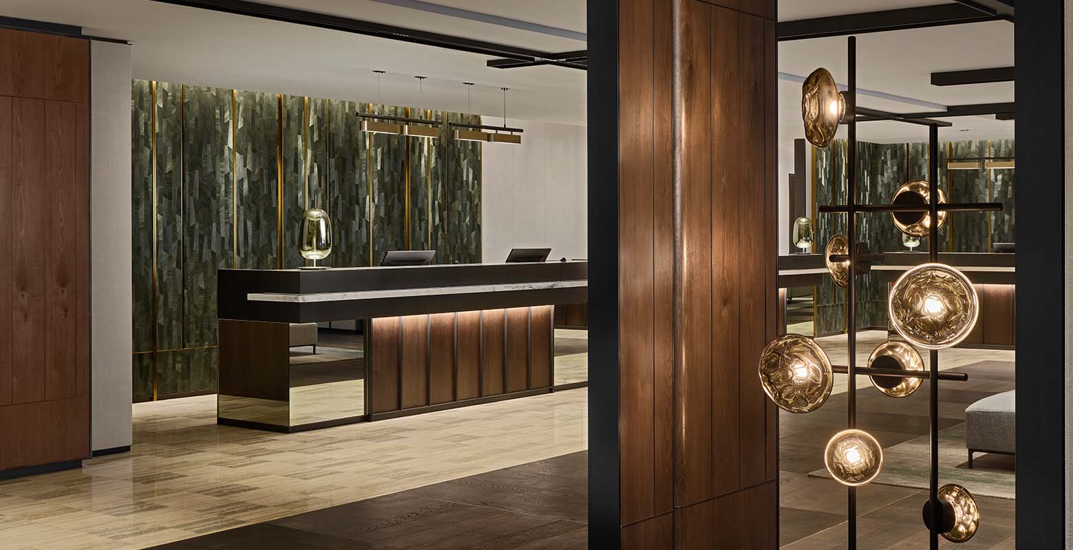 Lobby with wood panelling at Hilton Singapore Orchard Hotel refurbished by ISG