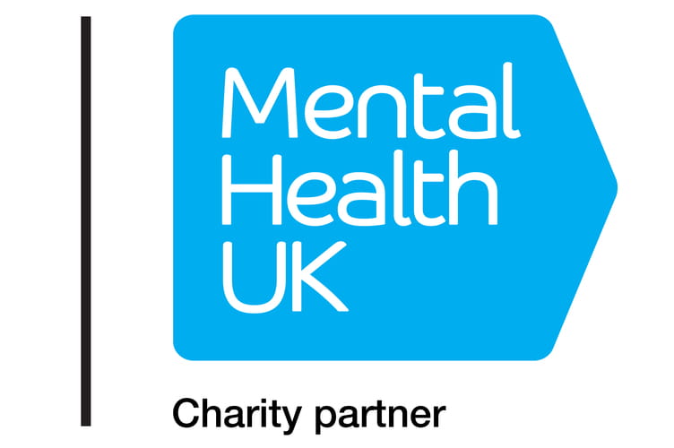 Blue logo of mental health UK with text charity partner undeneath