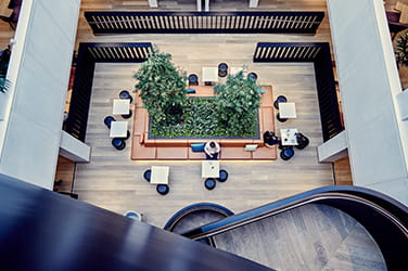 Aerial view of central atrium of a modern office fit out by ISG