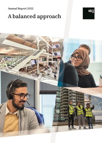 Cover of ISG's 2022 Annual Report with images of ISG employees at work and title 'A balanced approach'