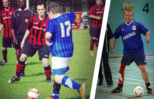 In both photos, Sam plays football in his Ipswich kit 