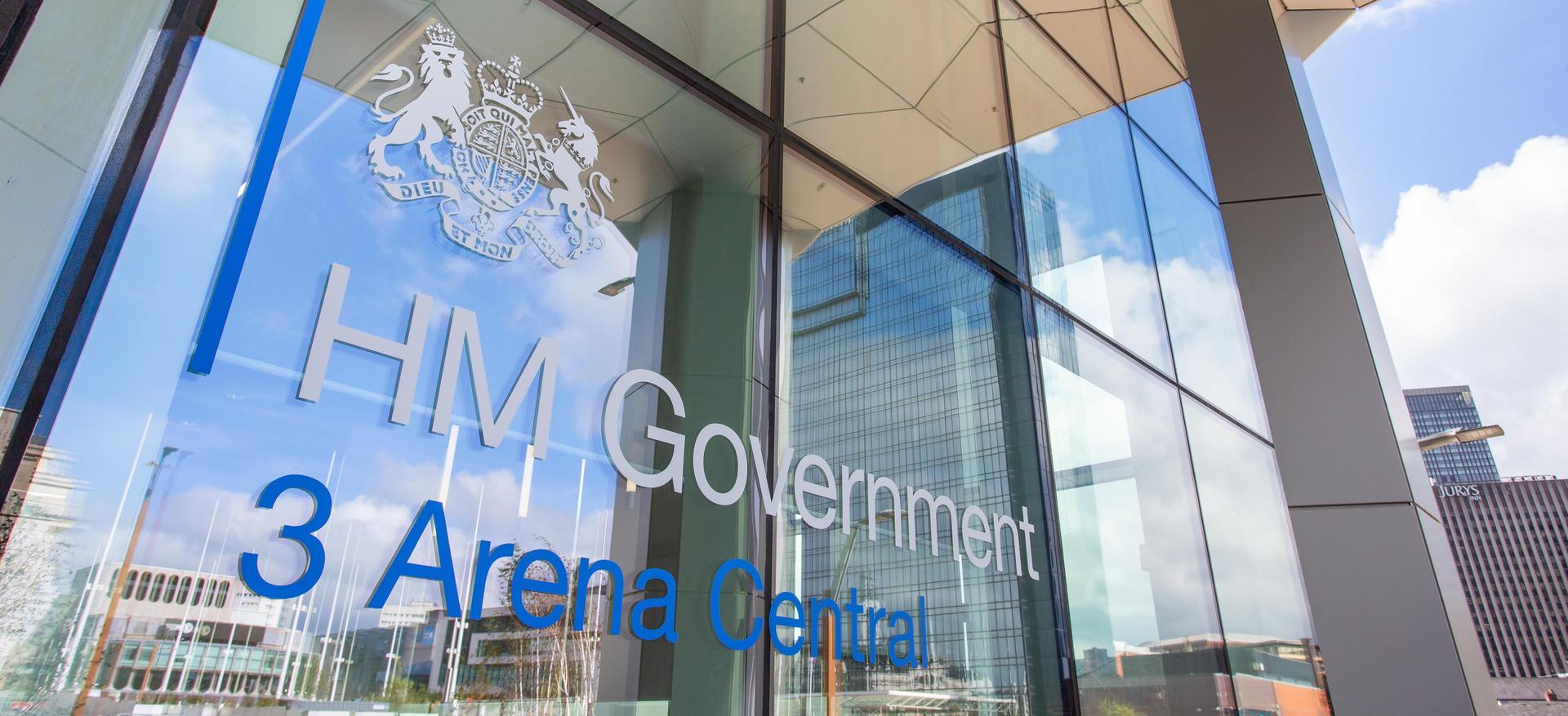 Glass frontage of HM Government 3 Arena Central Building by ISG