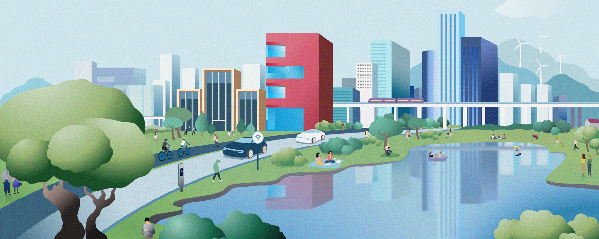 ISG Sustainable Buildings Monitor 2023 - Graphic of a park with lake and trees with cityscape in the background
